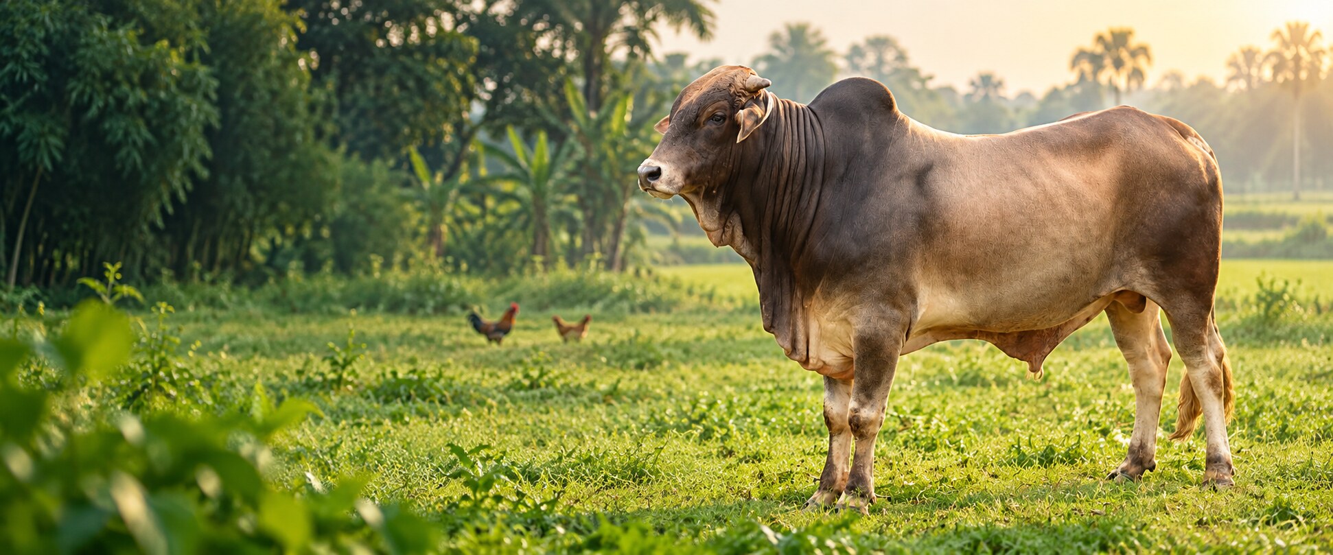 সবুজ খামারে গরু, হাঁস ও মুরগি